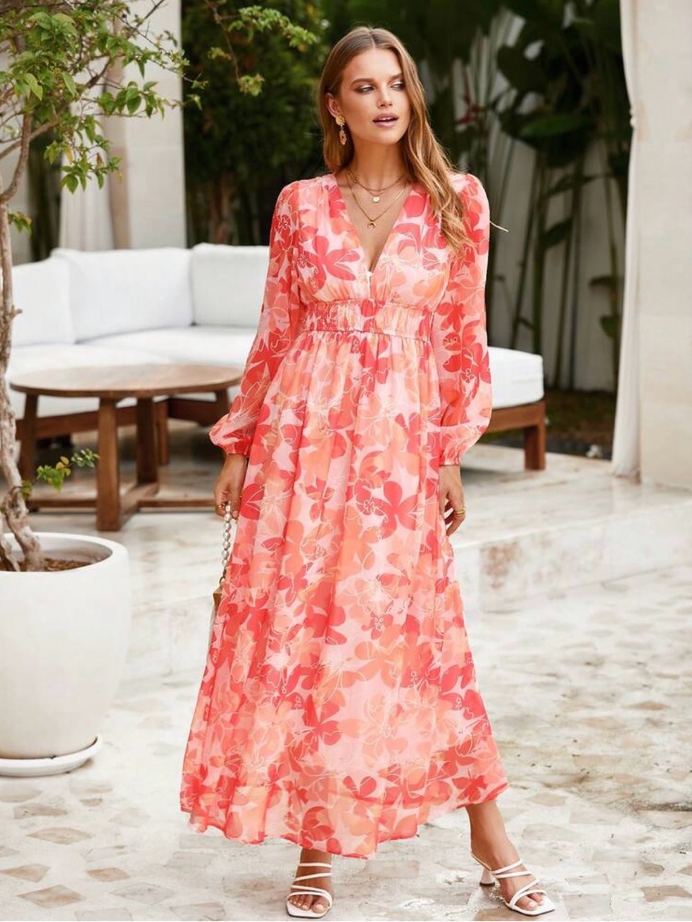 Floral V-Neck Long Sleeve Maxi Dress - Coral Pink